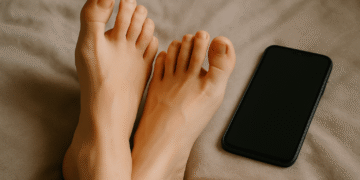 Digital illustration of feet near a smartphone, representing selling feet pictures online for money