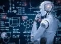 AI replacing jobs? A humanoid AI robot analyzes complex mathematical formulas and scientific diagrams, symbolizing the rise of artificial intelligence in automation and the workforce.