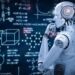 AI replacing jobs? A humanoid AI robot analyzes complex mathematical formulas and scientific diagrams, symbolizing the rise of artificial intelligence in automation and the workforce.