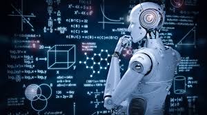 AI replacing jobs? A humanoid AI robot analyzes complex mathematical formulas and scientific diagrams, symbolizing the rise of artificial intelligence in automation and the workforce.