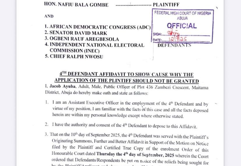 ADC Publishes INEC Affidavit Backing David Mark Leadership, Raises Fresh Concerns Over Electoral Neutrality